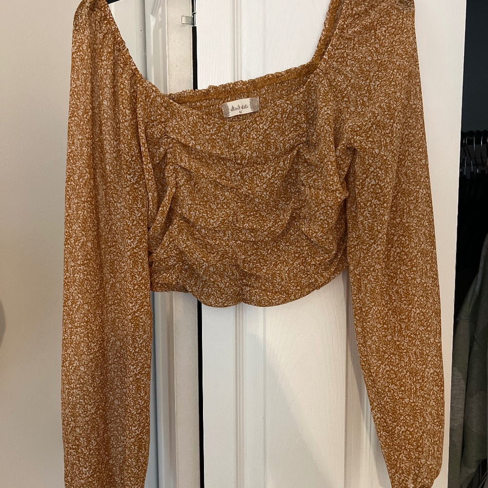 Altard‘D State mustard floral sheer long sleeve crop top